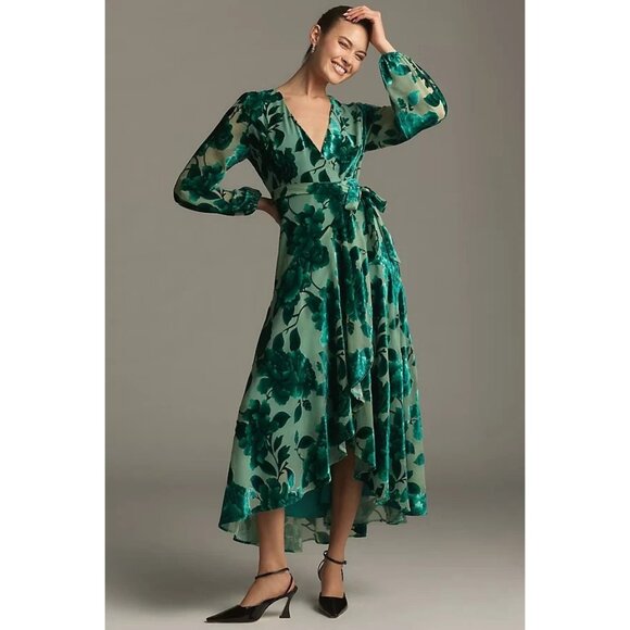 Anthropologie Dresses & Skirts - Anthropologie Hutch Long-Sleeve V-Neck Wrap Midi Dress Velvet Green NWT